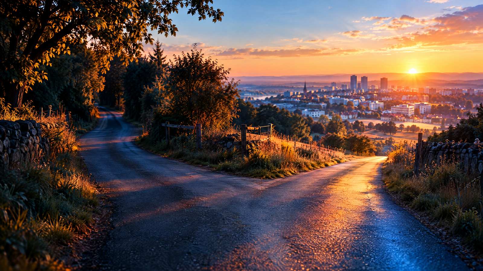 KI-generiertes Bild: Landstraße bei Sonnenaufgang mit einer Abzweigung