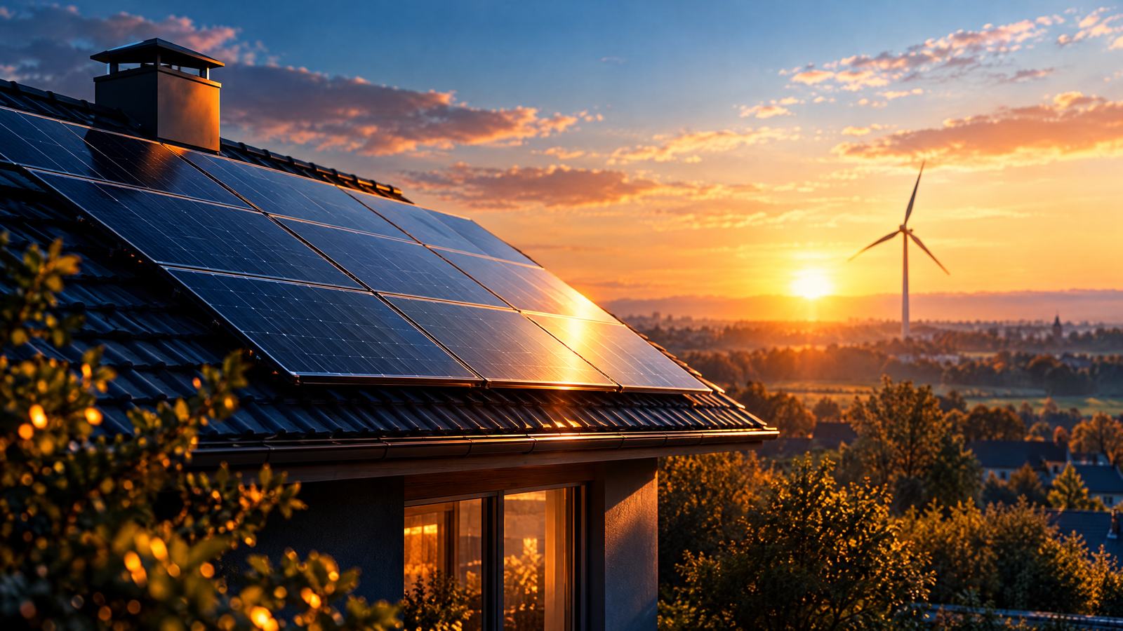 KI-generiertes Bild: Solardach und Windrad bei Sonnenaufgang