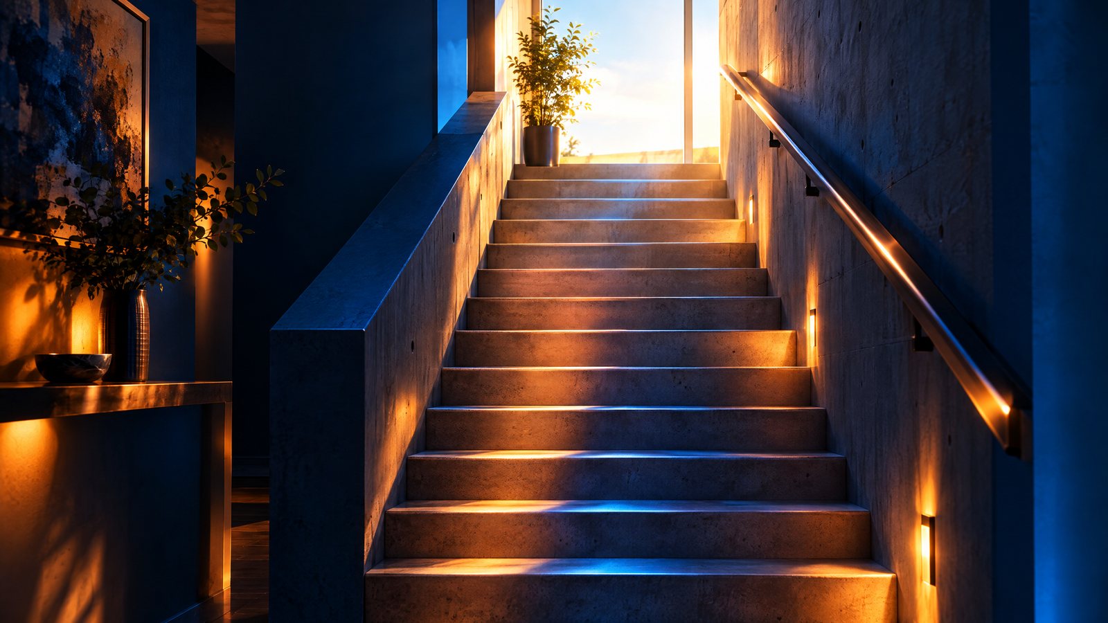 KI-generiertes Bild: Treppe in einem modernen Gebäude, die ins Licht führt