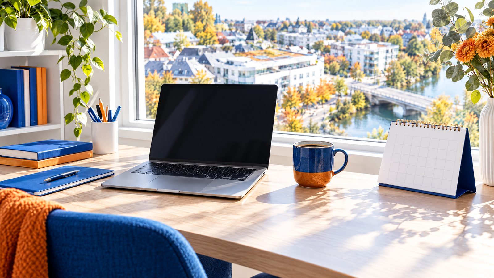 KI-generiertes Bild: Laptop, Kalender und Kaffee in einem Homeoffice