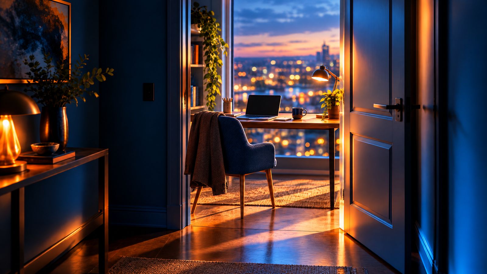 KI-generiertes Bild: Leerer Büroschreibtisch am Abend mit Blick auf die Stadt